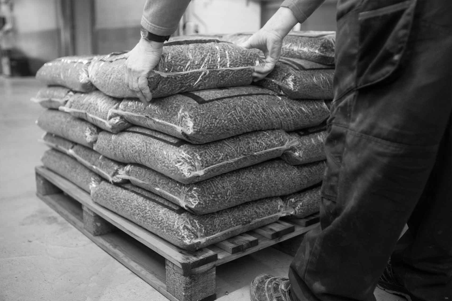 bags with wood pellets bw
